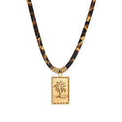 Rectangle 304 ожерелья из полиэстера с леопардовым принтом и подвеской из нержавеющей стали для женщин, золотые, прямоугольник с кокосовой пальмой, 15.75 дюйм (40 см)