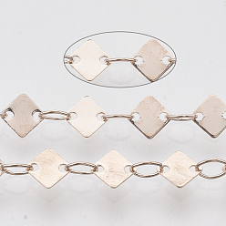 Rose Gold Soldered Brass Link Chains, Cadmium Free & Nickel Free & Lead Free, with Spool, Rhombus, Rose Gold, 3.8x2.5x0.5mm, about 39.37 Feet(12m)/roll
