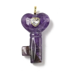 Аметист Подвески из натурального аметиста , Подвески в виде сердечек с ключиками, украшенные латунными фианитами., золотые, 46.5~48x22~23.5x11.5~13.5 мм, отверстие : 4 мм