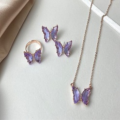 Лиловый Ожерелья, серьги-гвоздики и кольца из сплава бабочки для женщин, золотые, сирень, 450 мм
