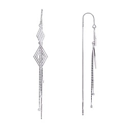 Platinum Anti-Tarnish Clear Cubic Zirconia Rhombus with Chain Tassel Dangle Earrings, Rhodium Plated 925 Sterling Silver Long Drop Ear Thread for Women, Platinum, 76x10.3mm, Pin: 0.8mm