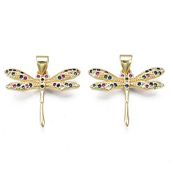 Colorful Brass Micro Pave Cubic Zirconia Pendants, with Real 18K Gold Plated Brass Findings, Nickel Free, Autumn Pendants, Dragonfly, Colorful, 18x21.5x3mm, Hole: 3x5mm