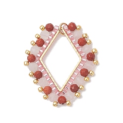 Бледно-Розовый Подвески из натуральной красной яшмы и розового кварца, ограненные круглые и стеклянные бусины, подвески в форме ромба с 304 соединительными кольцами из нержавеющей стали, золотые, розовый жемчуг, 32.5x27.5x3.5 мм, отверстие : 3 мм