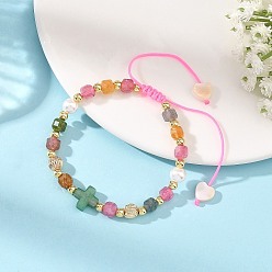 Tourmaline Natural Multicolor Tourmaline Faceted Cube Braided Bead Bracelets, Religion Cross Natural Green Aventurine Adjustable Bracelets, Golden, Inner Diameter: 1.97 inch(5cm)~3.35 inch(8.5cm)