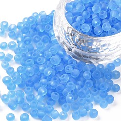 Sky Blue Glass Seed Beads, Frosted Colors, Round, Sky Blue, 4mm, Hole: 1~1.5mm, about 4500pcs/pound