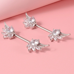 Wing Кольца для сосков из латуни с прозрачным кубическим цирконием, с 304 штифтов из нержавеющей стали, цвет нержавеющей стали, крыло, 15x9.5 мм