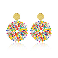 Разноцветный Плоские круглые 304 серьги-гвоздики из нержавеющей стали с бусинами из стекла, золотые, красочный, 57x40 мм