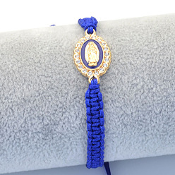 Синий Религиозные браслеты из сплава со стразами и эмалью, плетеные браслеты из хлопкового шнура для женщин, овальные с рисунками " virgin mary", синие, 6.30~11.81 дюйм (16~30 см)