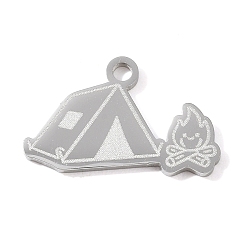 Stainless Steel Color 304 Stainless Steel Pendants, Tent with Campfire Charms, Hand Polished, Stainless Steel Color, 12x20x1.4mm, Hole: 1.8mm
