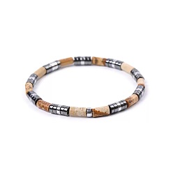 Пейзажный Джаспер Богемные браслеты из натуральной яшмы и платины, синтетического немагнитного гематита, эластичные бусины для женщин и мужчин., колонка и диск, 7.09 дюйм (18 см) ~ 7.48 дюйм (19 см)