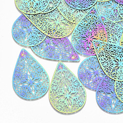 Rainbow Color Ion Plating(IP) 201 Stainless Steel Filigree Joiners Links, Etched Metal Embellishments, Teardrop, Rainbow Color, 52.5x34x0.3mm