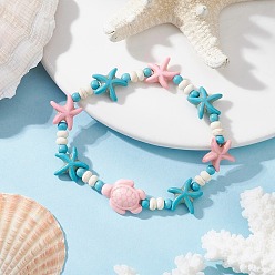 Темно-бирюзовый Синтетические бирюзовые бусы стрейч браслеты, морская черепаха и морская звезда, темные бирюзовый, внутренний диаметр: 1-7/8 дюйм (4.85 см)