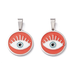 Stainless Steel Color 304 Stainless Steel Enamel Pendants, Flat Round with Eye, Stainless Steel Color, 17x15x1.5mm, Hole: 5X3mm