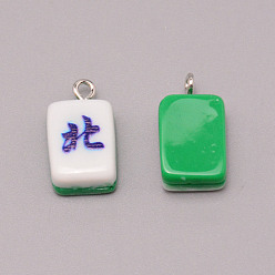 Blau Harzanhänger, mit Eisen-Befund, Nachahmung von Mahjong-Fliesen, grün, Rechteck, Blau, 19.5~20.5x11.5x7~7.5 mm, Bohrung: 2 mm