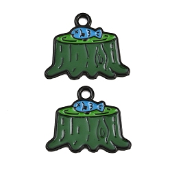 Green Alloy Enamel Pendants, Stump with Fish Charms, Black, Green, 19x23x1mm, Hole: 2mm