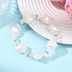 Белый Эластичные браслеты из АБС-пластика с имитацией жемчуга, стекла и латуни для женщин., формы раковины, белые, внутренний диаметр: 2.09 дюйм (5.3 см)