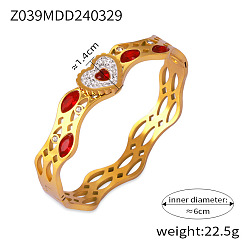 Сердце 304 браслеты из нержавеющей стали с паве из кубического циркония, шарнирные браслеты для женщин, золотые, сердце, внутренний диаметр: 2-3/8 дюйм (6 см)