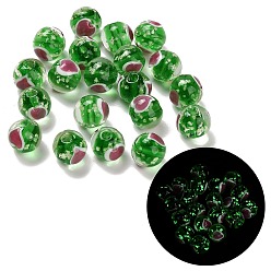 Зеленый Бусины лэмпворк , светящиеся бусы, круглые с сердцем, светится в темноте, зелёные, 10 мм, отверстие : 1.8 мм