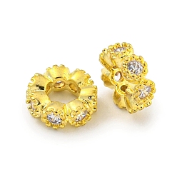 Настоящее золото 18K Бусины-проставки из латуни с кубическим цирконием, долговечный, без свинца и без кадмия, плоско-круглые, реальный 18 k позолоченный, 6x2 мм, отверстие : 2.8 мм