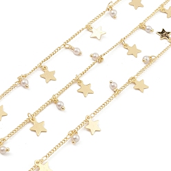 Настоящее золото 18K Латунь бордюр цепи, со звездами и подвесками из АБС-пластика с жемчугом, без кадмия, без никеля и без свинца, несварные, с катушкой, реальный 18 k позолоченный, 2x1.5x0.3 мм