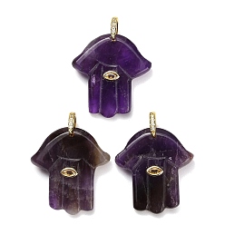 Amethyst Natural Amethyst Carved Pendants, Religion Hamsa Hand Charms, with Brass Pave Cubic Zirconia Findings, Golden, 36.5~39x33~35x8~9mm, Hole: 6.5x8mm