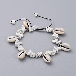 Howlite Adjustable Nylon Thread Braided Bead Bracelets, with Natural Howlite Chip Beads, Cowrie Shell Beads and Platinum Plated Brass Beads, 2 inch~3-3/8 inch(5~8.6cm)