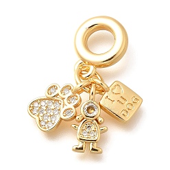 Настоящее золото 18K Латунные прозрачные кубические цирконии европейские подвески с изображением отпечатка лапы, девушки и буквы, Подвески с большими отверстиями, без кадмия, без никеля и без свинца, реальный 18 k позолоченный, 26.5 мм, отверстие : 5 мм