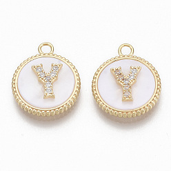 Letter Y Brass Micro Pave Cubic Zirconia Pendants, with Shell, Flat Round with Letter, Nickel Free, Clear, Creamy White, Real 18K Gold Plated, Letter.Y, 17x14x4mm, Hole: 1.8mm