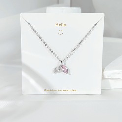 Whale 304 ожерелья с подвесками из нержавеющей стали с розовыми и прозрачными кубическими цирконами, цвет нержавеющей стали, Whale Tail, 17.72 дюйм (45 см), Кулон : 13.5x15.7 мм