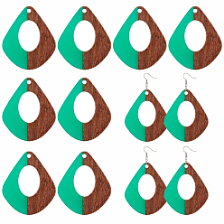Green Resin & Wood Pendants, Teardrop, Green, 32.5x27.5x2.5~4mm, Hole: 1.5mm, 12pcs/box