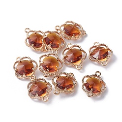 Sienna Glass Links connectors, with Eco-Friendly Alloy Open Back Berzel Findings, Faceted, Flower, Light Gold, Sienna, 15.5x12x4mm, Hole: 1.4mm