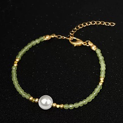 Light Green Handmade White Round Shell Pearl and Faceted Round Glass Beaded Bracelets for Women, Golden, Light Green, 6.30 inch(16cm)