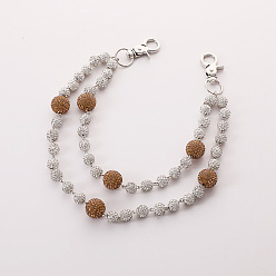 Перу Двухслойные цепочки для брюк из полимерной глины с круглыми бусинами и стразами, с поворотными застежками сплава, платина, Перу, 300 мм