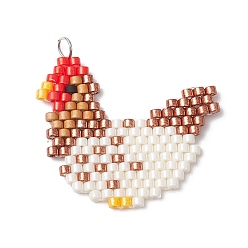 Петух Подвески из стеклянного бисера ручной работы, с цветной нержавеющей сталью 304 петля из нержавеющей стали, петух, 31x32x2 мм, отверстие : 3 мм