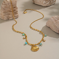 Настоящее золото 18K Подвеска в форме ракушки из нержавеющей стали с прозрачным кубическим цирконием и кисточкой из окрашенных ракушек для женщин, голубой, реальный 18 k позолоченный, 16.14 дюйм (41 см)