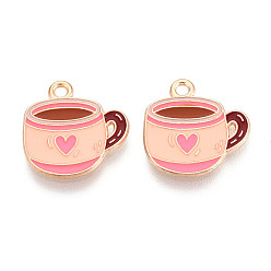 Персиковый Слойка Подвески из эмали и сплава, кофейная чашка с подвеской в виде сердца, золотой свет, розовые, 17x16.7x1.2 мм, отверстие : 1.6 мм