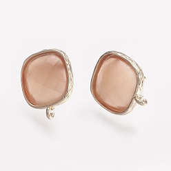 Персиковый Слойка Латунные серьги-гвоздики из циркония, с петлей, кошачий глаз, квадратный, граненые, золотой свет, розовые, 17 мм, отверстия: 1 мм, штифты: 0.7 мм