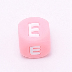 Letter E Silicone Alphabet Beads for Bracelet or Necklace Making, Letter Style, Pink Cube, Letter.E, 12x12x12mm, Hole: 3mm