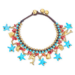 Бирюза Вощеные шнурки на щиколотку, с синтетическими бирюзовый, драгоценный камень чипов, латунные бусы и подвески, Тема океана, бирюзовые, 9 дюйм (23 см)