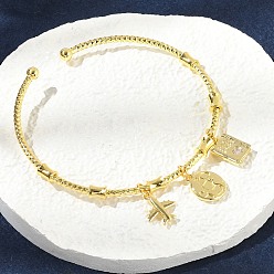 Настоящее золото 18K Браслеты с подвесками из латуни с микропаве из прозрачных кубических цирконий для женщин, самолет и возможность и карта, без свинца и без кадмия, долговечный, реальный 18 k позолоченный, внутренний диаметр: 2x2-1/8 дюйм (5x5.4 см)