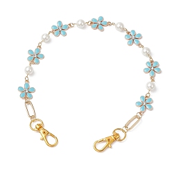 Light Sky Blue Flower Zinc Alloy Enamel Crystal Rhinestone with Glass Pearl Bead Link Chain Bag Decorative Chains, with Alloy Swivel Clasps, Bag Replacement Accessories, Golden, Light Sky Blue, 351mm