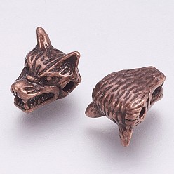 Красная Медь Сплавочные овальные бусины тибетского стиля , голова волка, Красная медь, 9.5x13 мм, отверстие : 2 мм