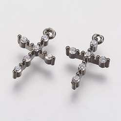 Черный Цвет Металла Латунные микро проложить кубического циркония прелести, крестик, металлический черный , 13.5x9x2.5 мм, отверстие : 1 мм