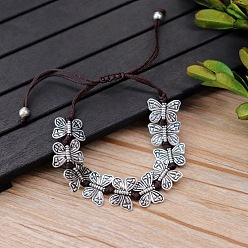 Бабочка Браслеты из плетеных бусин из сплава, регулируемые плетеные браслеты из полиэфирного шнура для мужчин и женщин, античное серебро, бабочка, 5-7/8 дюйм (15 см)