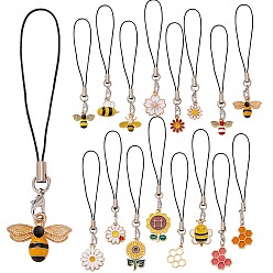 Смешанные Узоры Мобильный ремешок из сплава эмали, с нейлоновым шнуром, соты и сакура и подсолнух, смешанные узоры, 10~11.3 см, Кулон : 13.5~23x17~18x1.5~3 мм, 16 шт / комплект