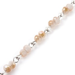 Bisque Handmade Electroplate Glass Beaded Chains, Unwelded, with Iron Eye Pin, Rondelle, Bisque, 13x4~4.5mm, 1m/strand, 39.37 inch