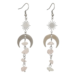 Розовый Кварц Серьги с подвесками и кисточками из натуральной крошки розового кварца, длинные серьги-капли из латуни «солнце» и 201 «луна» из нержавеющей стали, 80~85x20 мм