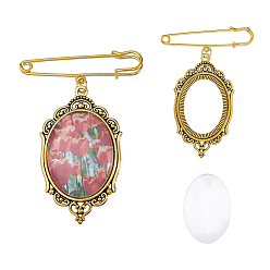 Античная бронза & Золотой 4шт железная брошь, с подвеской из сплава и стеклянными кабошонами, античная бронза и золото, 80 мм