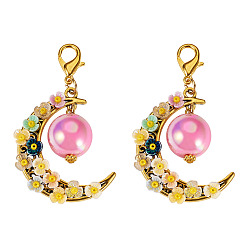 Or Antique 2pcs décorations pendentifs en alliage, résine et acrylique, lune avec fleur, avec alliage homard fermoirs pince, Or antique, 59mm