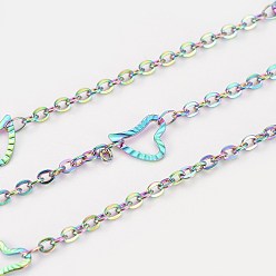 Rainbow Color Ионное покрытие (ip) 304 кабельные цепи из нержавеющей стали, с сердцем ссылкам, пайки, с катушкой, Плоско-овальные, Радуга цветов, 2.5x2x1 мм, около 32.8 футов (10 м) / рулон